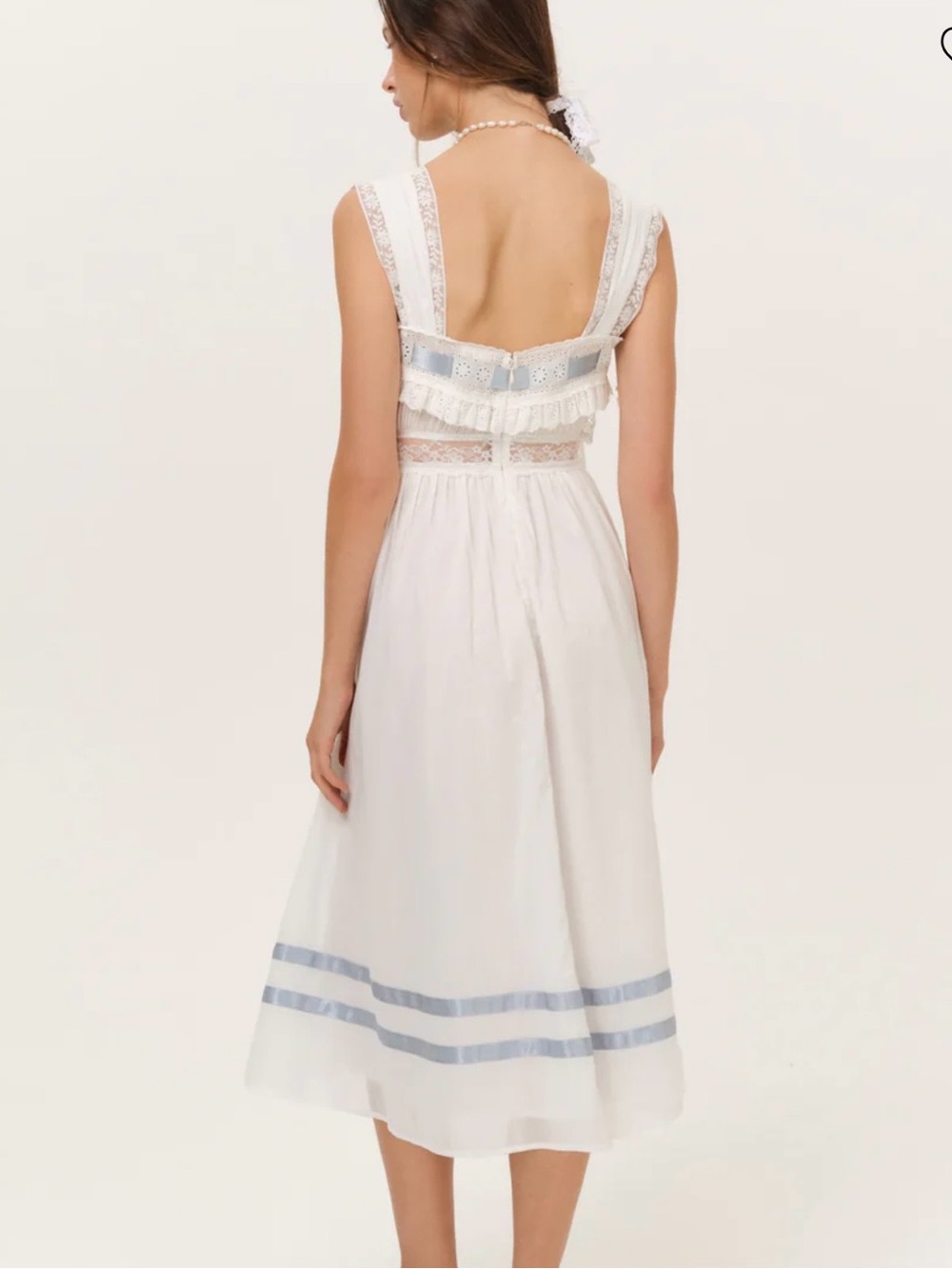 For Love & Lemons White Midi Dress with Light Blue Ribbon - Picture 3 of 4